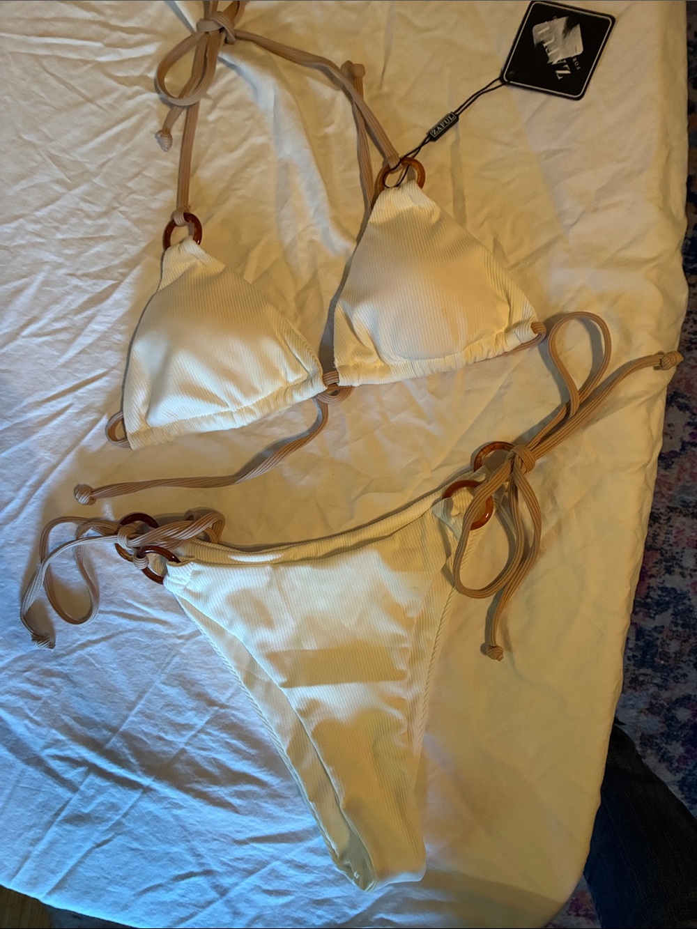 Zaful Cream Ribbed Triangle Bikini with Tan Strap Accents